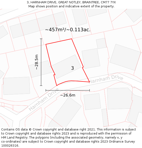 3, HARNHAM DRIVE, GREAT NOTLEY, BRAINTREE, CM77 7YX: Plot and title map