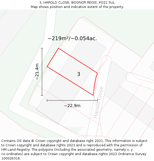 3, HAROLD CLOSE, BOGNOR REGIS, PO21 5UL: Plot and title map