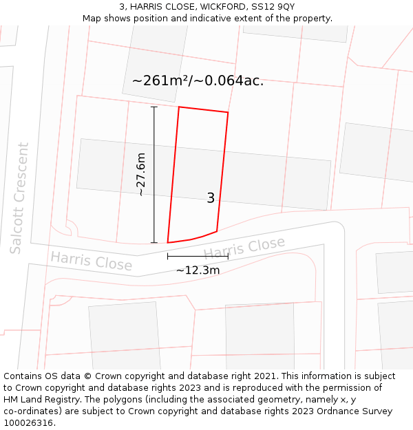 3, HARRIS CLOSE, WICKFORD, SS12 9QY: Plot and title map