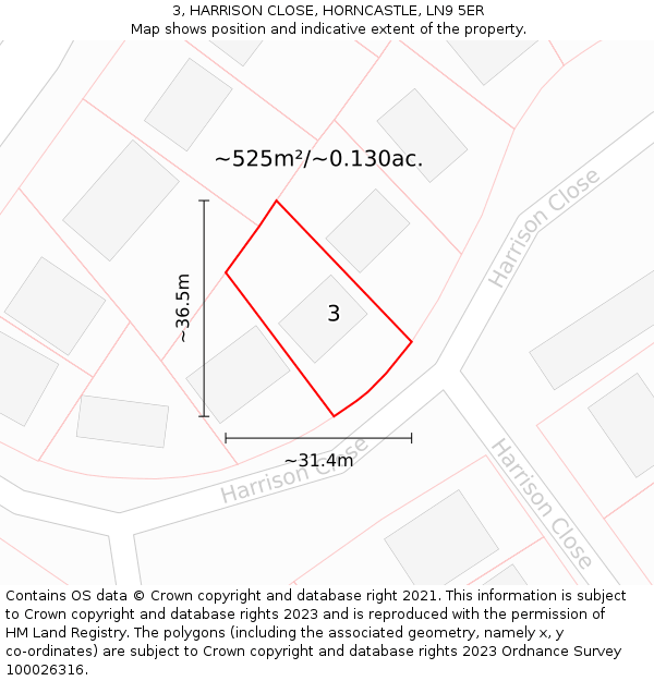 3, HARRISON CLOSE, HORNCASTLE, LN9 5ER: Plot and title map