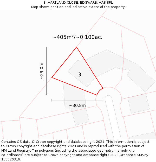 3, HARTLAND CLOSE, EDGWARE, HA8 8RL: Plot and title map