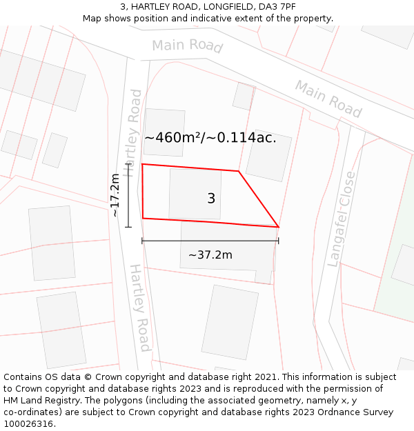 3, HARTLEY ROAD, LONGFIELD, DA3 7PF: Plot and title map