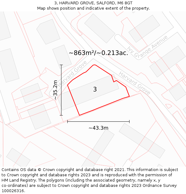 3, HARVARD GROVE, SALFORD, M6 8GT: Plot and title map