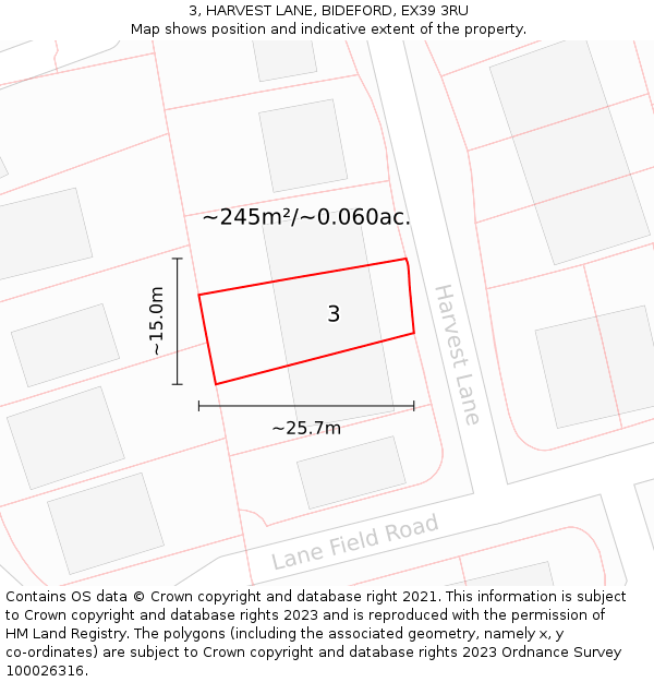 3, HARVEST LANE, BIDEFORD, EX39 3RU: Plot and title map