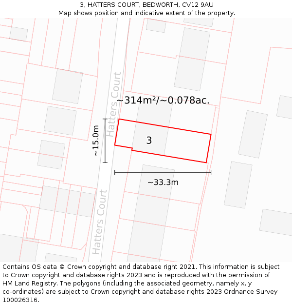 3, HATTERS COURT, BEDWORTH, CV12 9AU: Plot and title map