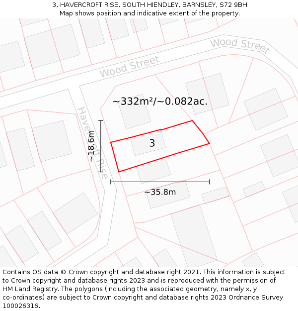 3, HAVERCROFT RISE, SOUTH HIENDLEY, BARNSLEY, S72 9BH: Plot and title map