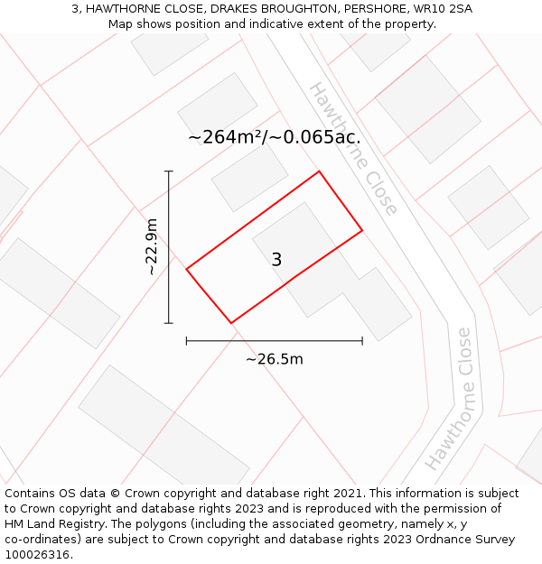 3, HAWTHORNE CLOSE, DRAKES BROUGHTON, PERSHORE, WR10 2SA: Plot and title map