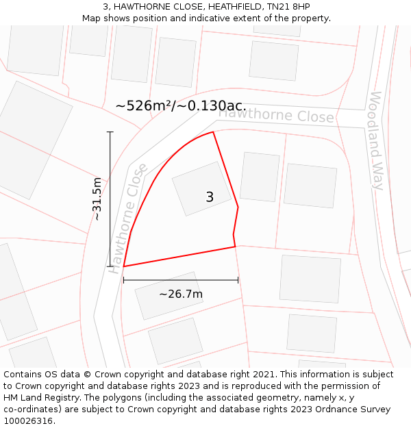 3, HAWTHORNE CLOSE, HEATHFIELD, TN21 8HP: Plot and title map