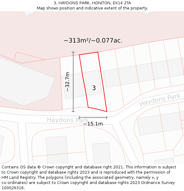 3, HAYDONS PARK, HONITON, EX14 2TA: Plot and title map