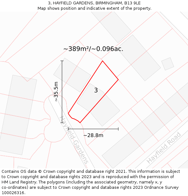 3, HAYFIELD GARDENS, BIRMINGHAM, B13 9LE: Plot and title map