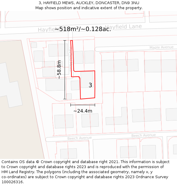 3, HAYFIELD MEWS, AUCKLEY, DONCASTER, DN9 3NU: Plot and title map