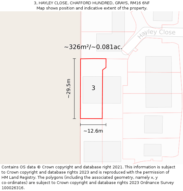 3, HAYLEY CLOSE, CHAFFORD HUNDRED, GRAYS, RM16 6NF: Plot and title map