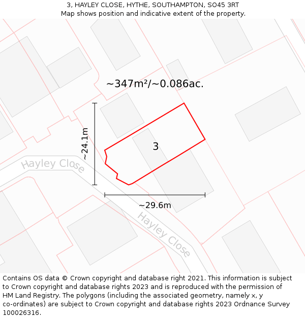 3, HAYLEY CLOSE, HYTHE, SOUTHAMPTON, SO45 3RT: Plot and title map