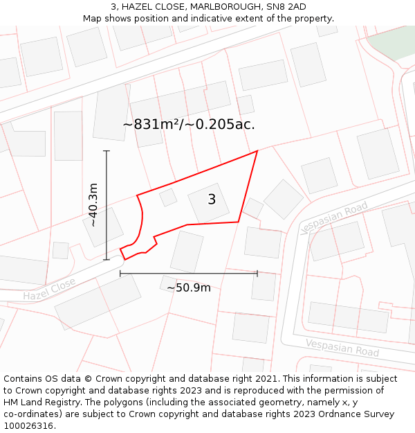 3, HAZEL CLOSE, MARLBOROUGH, SN8 2AD: Plot and title map