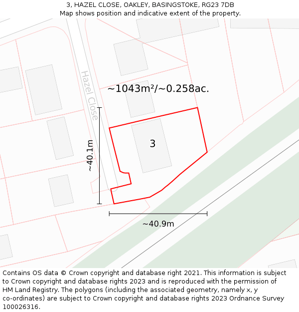 3, HAZEL CLOSE, OAKLEY, BASINGSTOKE, RG23 7DB: Plot and title map