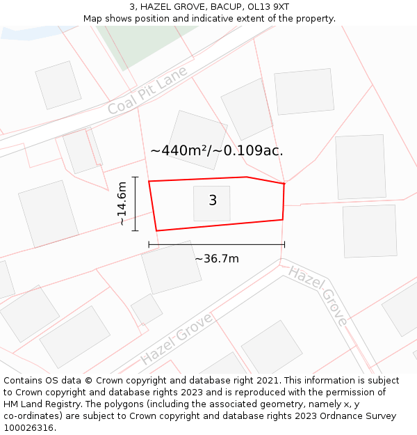 3, HAZEL GROVE, BACUP, OL13 9XT: Plot and title map