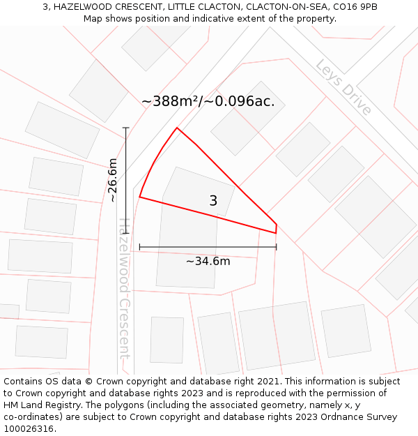 3, HAZELWOOD CRESCENT, LITTLE CLACTON, CLACTON-ON-SEA, CO16 9PB: Plot and title map