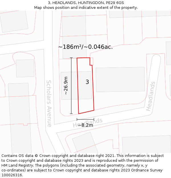 3, HEADLANDS, HUNTINGDON, PE29 6GS: Plot and title map