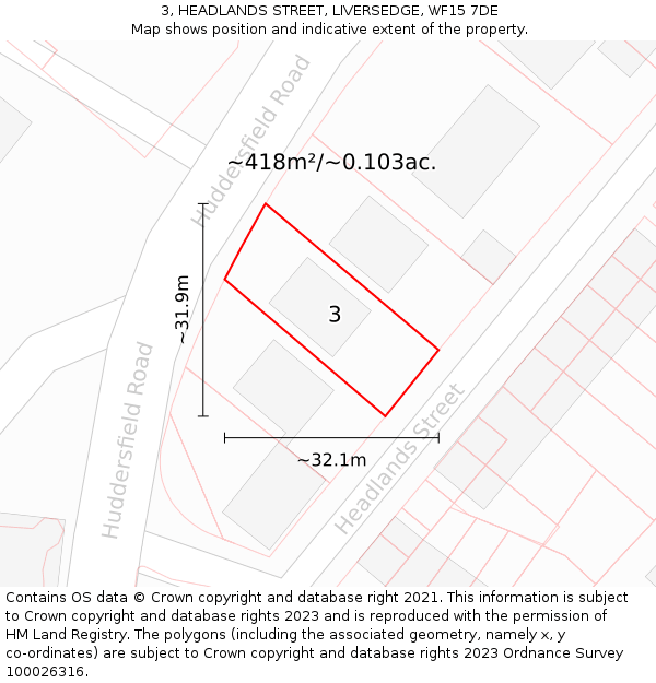 3, HEADLANDS STREET, LIVERSEDGE, WF15 7DE: Plot and title map