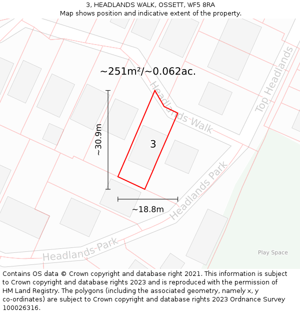 3, HEADLANDS WALK, OSSETT, WF5 8RA: Plot and title map