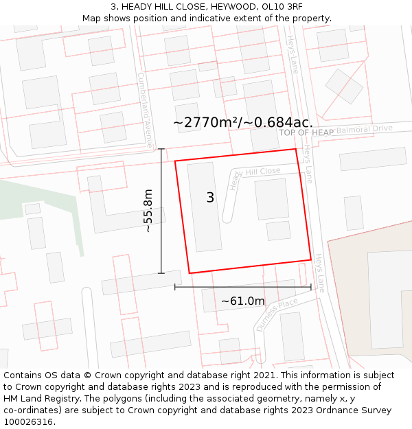 3, HEADY HILL CLOSE, HEYWOOD, OL10 3RF: Plot and title map
