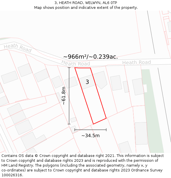 3, HEATH ROAD, WELWYN, AL6 0TP: Plot and title map