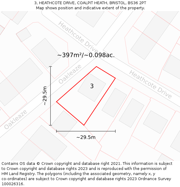 3, HEATHCOTE DRIVE, COALPIT HEATH, BRISTOL, BS36 2PT: Plot and title map