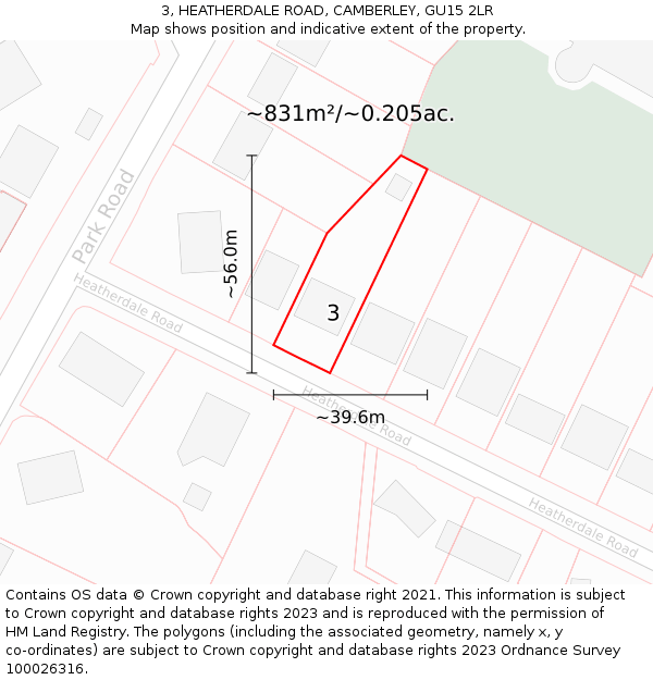 3, HEATHERDALE ROAD, CAMBERLEY, GU15 2LR: Plot and title map