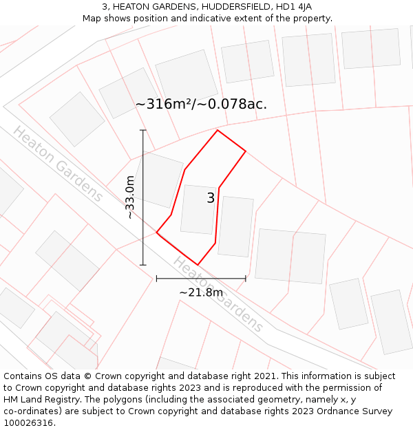 3, HEATON GARDENS, HUDDERSFIELD, HD1 4JA: Plot and title map