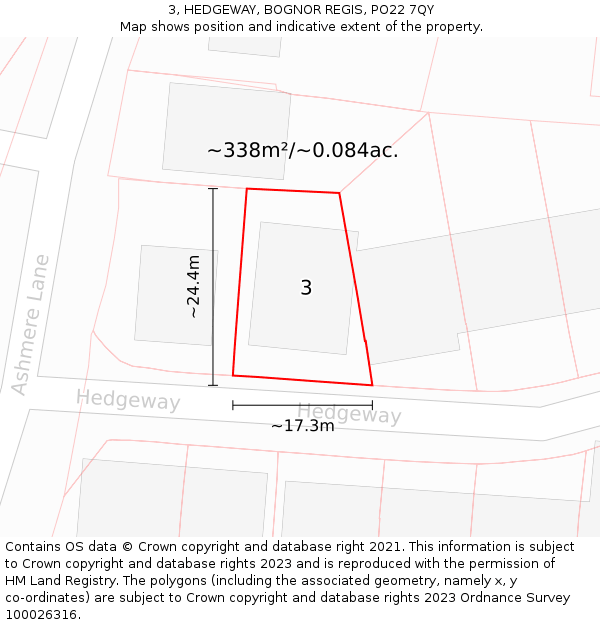 3, HEDGEWAY, BOGNOR REGIS, PO22 7QY: Plot and title map