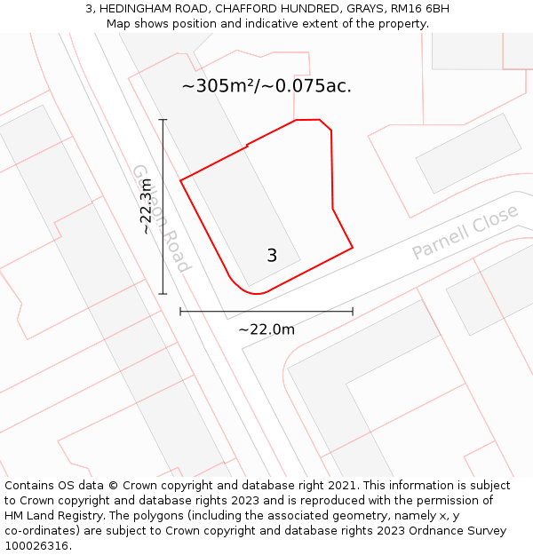 3, HEDINGHAM ROAD, CHAFFORD HUNDRED, GRAYS, RM16 6BH: Plot and title map