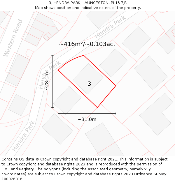 3, HENDRA PARK, LAUNCESTON, PL15 7JR: Plot and title map