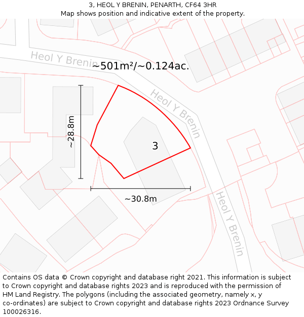 3, HEOL Y BRENIN, PENARTH, CF64 3HR: Plot and title map