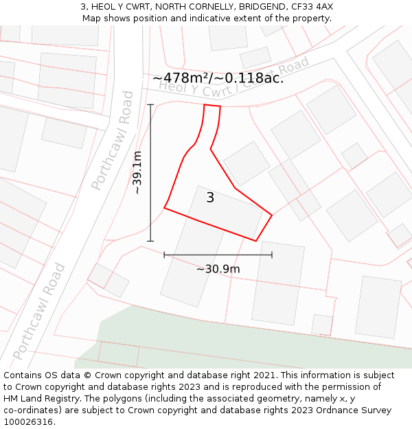 3, HEOL Y CWRT, NORTH CORNELLY, BRIDGEND, CF33 4AX: Plot and title map