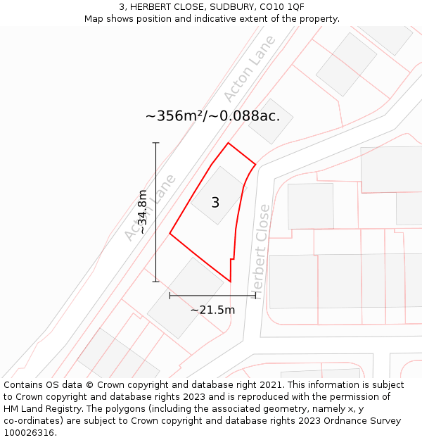 3, HERBERT CLOSE, SUDBURY, CO10 1QF: Plot and title map