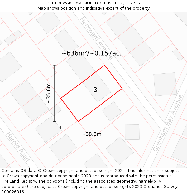 3, HEREWARD AVENUE, BIRCHINGTON, CT7 9LY: Plot and title map