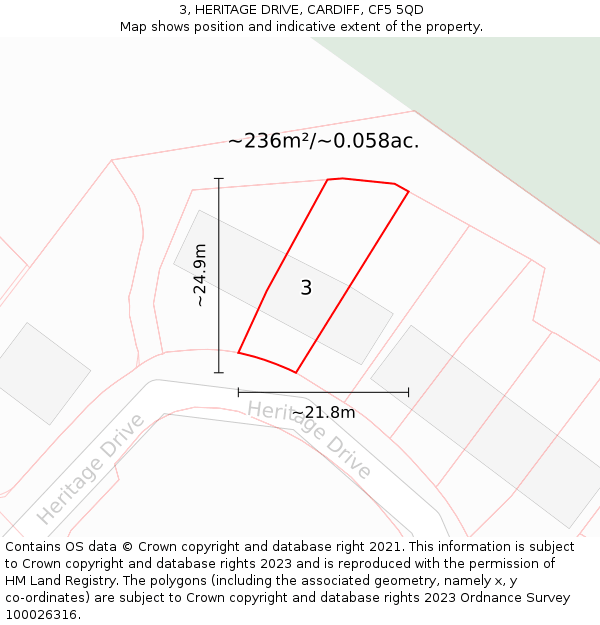3, HERITAGE DRIVE, CARDIFF, CF5 5QD: Plot and title map