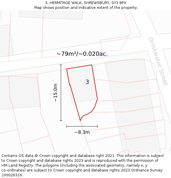 3, HERMITAGE WALK, SHREWSBURY, SY3 8PX: Plot and title map