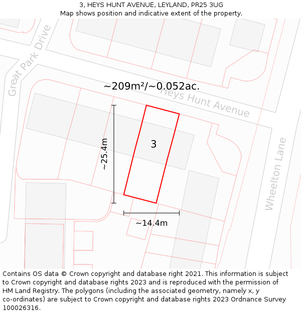 3, HEYS HUNT AVENUE, LEYLAND, PR25 3UG: Plot and title map