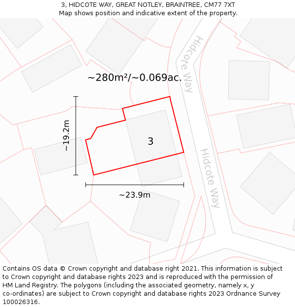 3, HIDCOTE WAY, GREAT NOTLEY, BRAINTREE, CM77 7XT: Plot and title map