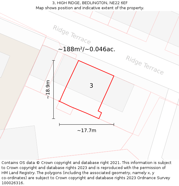 3, HIGH RIDGE, BEDLINGTON, NE22 6EF: Plot and title map
