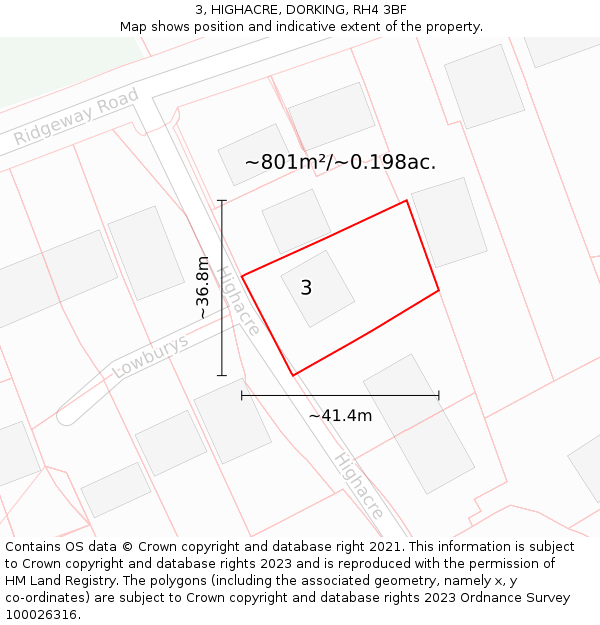 3, HIGHACRE, DORKING, RH4 3BF: Plot and title map