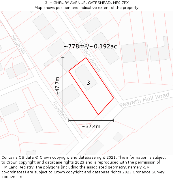 3, HIGHBURY AVENUE, GATESHEAD, NE9 7PX: Plot and title map