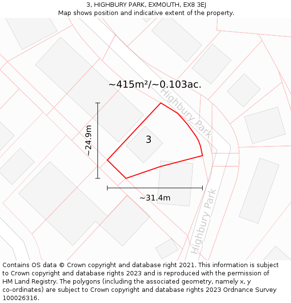 3, HIGHBURY PARK, EXMOUTH, EX8 3EJ: Plot and title map