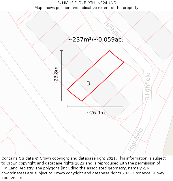 3, HIGHFIELD, BLYTH, NE24 4ND: Plot and title map