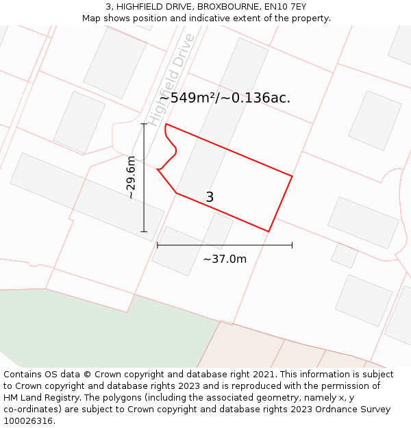 3, HIGHFIELD DRIVE, BROXBOURNE, EN10 7EY: Plot and title map