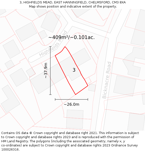 3, HIGHFIELDS MEAD, EAST HANNINGFIELD, CHELMSFORD, CM3 8XA: Plot and title map