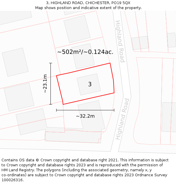3, HIGHLAND ROAD, CHICHESTER, PO19 5QX: Plot and title map
