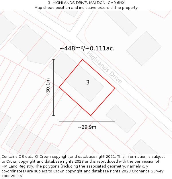 3, HIGHLANDS DRIVE, MALDON, CM9 6HX: Plot and title map