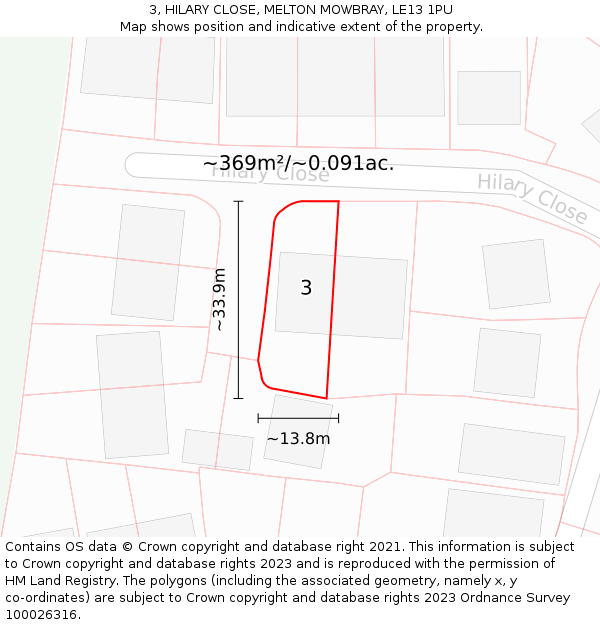 3, HILARY CLOSE, MELTON MOWBRAY, LE13 1PU: Plot and title map